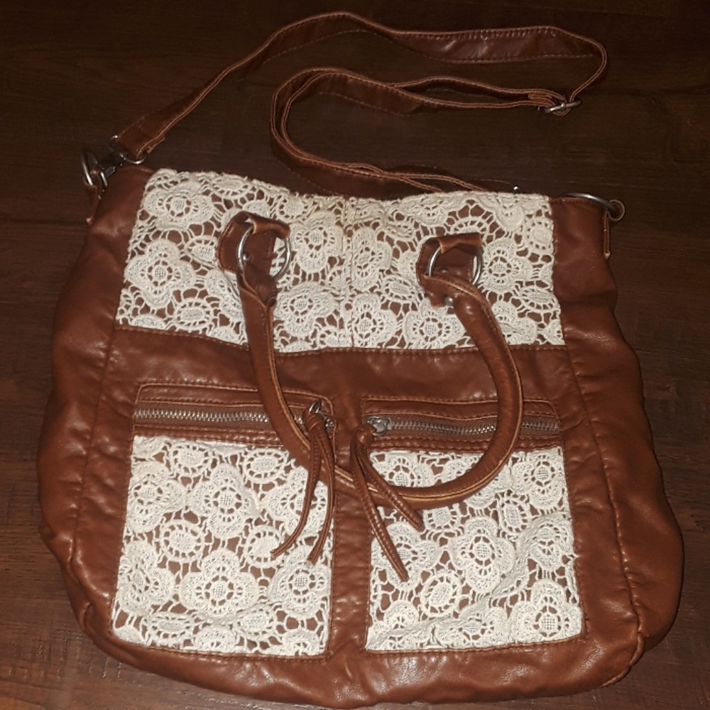 Brown leather and lace purse